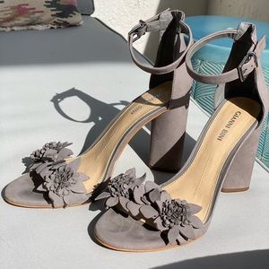 Gray suede block heels